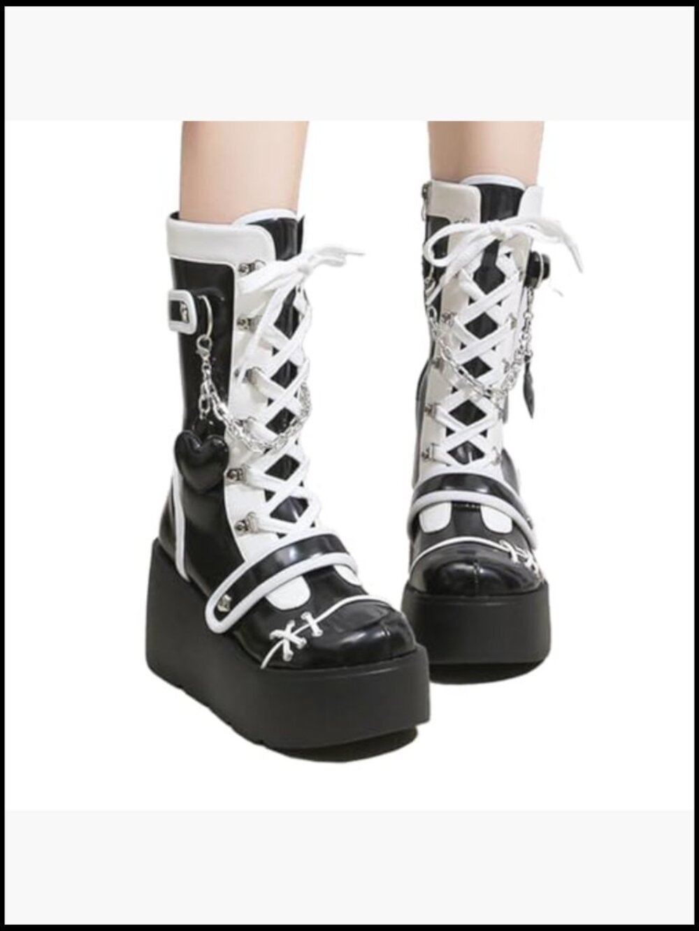 Chunky High Heel Lace Up Punk Motorcycle Combat Boots with Chain - Picture 4 of 7